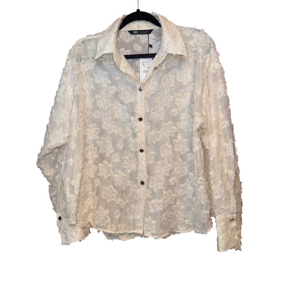 ZARA CONTRAST BUTTON DOWN SEMI-SHEER SHIRT Cream size L